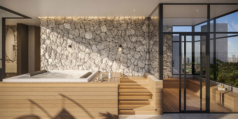 Flow Home — sauna panorâmica no rooftop com sky bar Spa com sauna no rooftop do Flow Home — vista panorâmica de Maringá