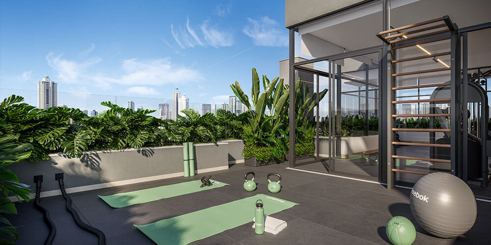 Flow Home — varanda da cobertura com vista de Maringá Varanda da cobertura do Flow Home — lazer compartilhado por apenas 4 unidades por andar